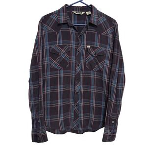 Salt Valley Western Button Down Shirt Mens Medium Flannel Plaid Blue Pearl Snap